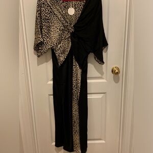 ODDY Silky Satin Dress size Large NWT black /Leopard Color-block - Midi